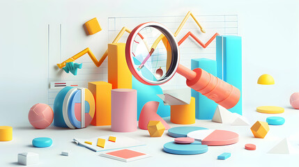 3D Vector Icon: Magnifying Glass and Financial Elements for Business Presentations and Branding in Isometric Scene and Miniature Diorama Art Concept
