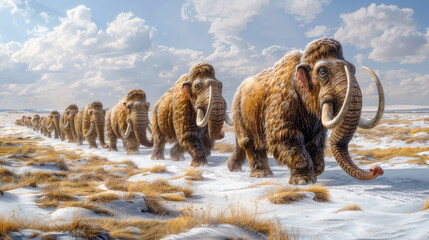 Mammoths, long curved tusks and thick hair, roam the wild during the Ice Age.