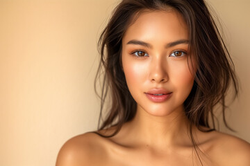 Naklejka premium Adult brunette Asian American woman beauty model with bare shoulders on beige background with copy space. Skin care product advertising.