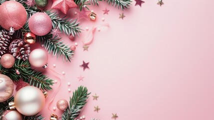 Save to Library Download Preview Preview Crop Christmas Banner made of decoration on pastel pink background. New Year greeting card.
