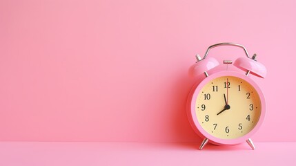 Pink alarm clock on pink background with colorful numbers flat lay back to school concept
