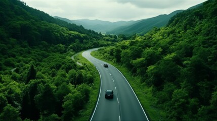 Breathtaking aerial view of winding road through vibrant rainforest during the lush green season