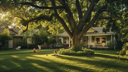 photograph of a suburban family home, with a well-manicured front lawn, welcoming porch, and children playing in the backyard under the shade of a sprawling oak tree