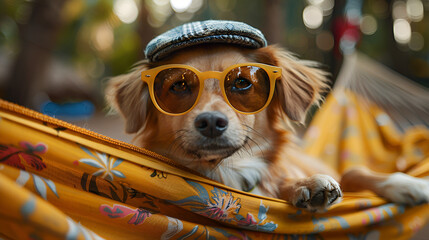 Funny Dog in Sunglasses, Hawaiian Shirt, Cap,
Dog wearing hat and sunglasses
