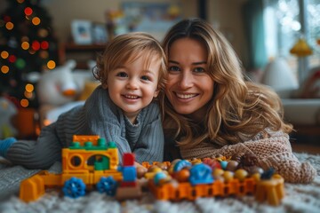 Fototapeta premium A mother and her child are smiling with colorful Christmas toys, showcasing holiday cheer and family
