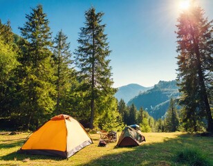 summer camping in a forest surrounded by tall trees and large mountains