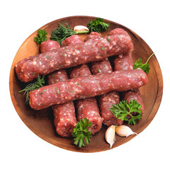 raw cevapi meat on a wooden plate . Clipart PNG image . Transparent background