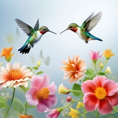 Two hummingbirds flying in a garden of flowers.