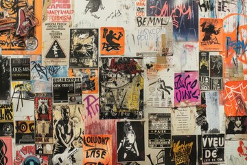 Abstract backdrop with collage of newspaper or magazine clippings, colorful grunge background with graffiti