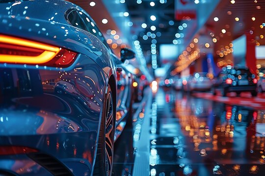 A dynamic scene of an automotive trade show, where the latest cars are unveiled, highlighting the economic activity generated by auto expos