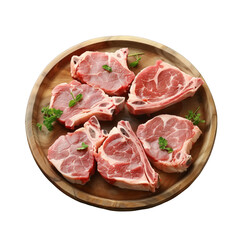 multiple raw meat steaks with bones on a wooden plate . Clipart PNG image . Transparent background