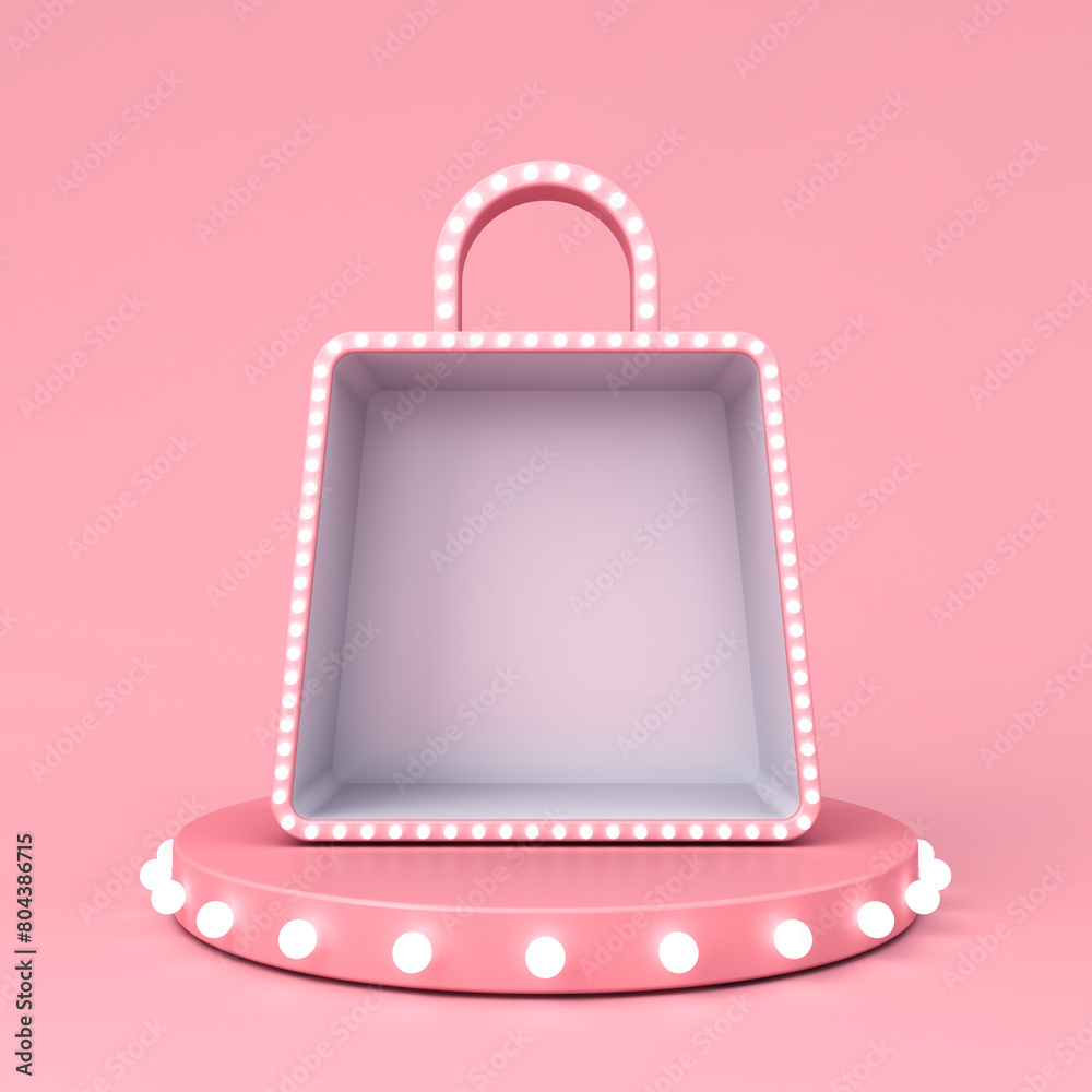 Poster blank shopping bag product display showcase stand with white glowing neon light bulbs on pink podium
