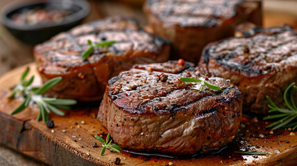 Delicious grilled steaks on wooden board closeup