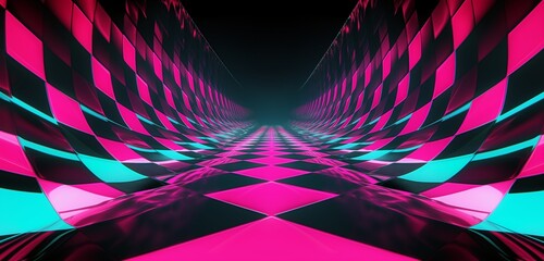 A vibrant, neon pink and electric blue geometric pattern, pulsating with energy against a stark...