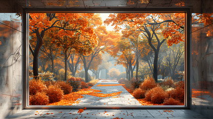 Capture the Beauty of Autumn: A Serene Avenue View Through a Window - Perfect for Seasonal Promotions and Events in a Relaxing Atmosphere