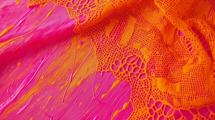 A vibrant, tangerine orange lace fabric, its bold color amplified by streaks of bright, fuchsia pink paint, creating a backdrop that's both electrifying and playful. 32k