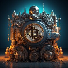 An illustration of a steampunk bitcoin mining machine
