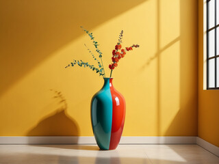 Simplicity Burst, Multi Color Ceramic Vase Against Sunny Yellow Walls