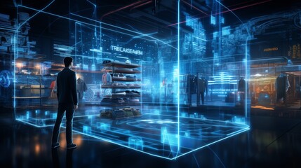 Obraz premium Futuristic retail warehouse worker does inventory as technology analyzes goods in logistics center