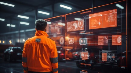 Futuristic retail warehouse worker conducts inventory digitally analyzing goods in logistics center