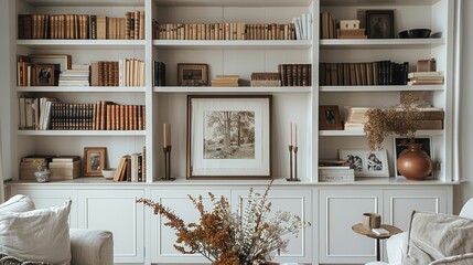 Positioned on built-in shelving unit, Neutral Color Palette, Cozy Interior, Personalization, The frame is displayed on a built-in shelving unit flanked by books, decorative vases, and family photos