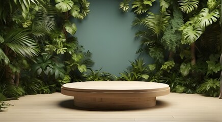 Wooden podium for showcasing and presenting products. Tropical mockup featuring trees and foliage