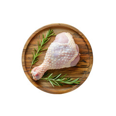 raw chicken drumstick on a wooden plate . Clipart PNG image . Transparent background