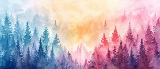 Hand drawn watercolor forest landscape, coniferous and deciduous trees painted in vibrant pastels, creating a serene and relaxing atmosphere