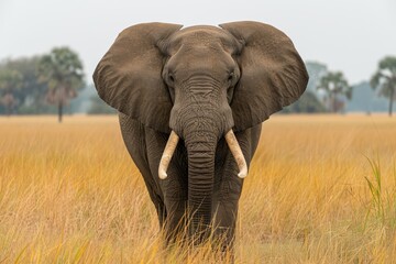 an african elephant lookinf directly to camera in african grassland--style raw --chaos 15 --ar 3:2...