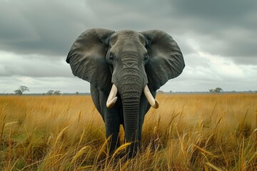 an african elephant lookinf directly to camera in african grassland--style raw --chaos 15 --ar 3:2...