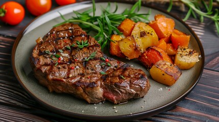 baked steak served on a plate beautiful promotional photo 