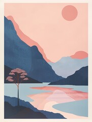  retro flat-style poster featuringthe sea bathed in the soft hues of a sunset
