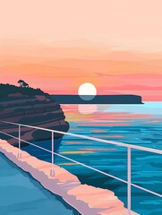  retro flat-style poster featuringthe sea bathed in the soft hues of a sunset