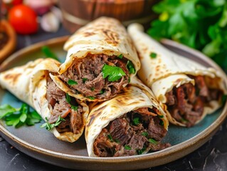 doner wrapped in pita bread with meat filling is served on a plate