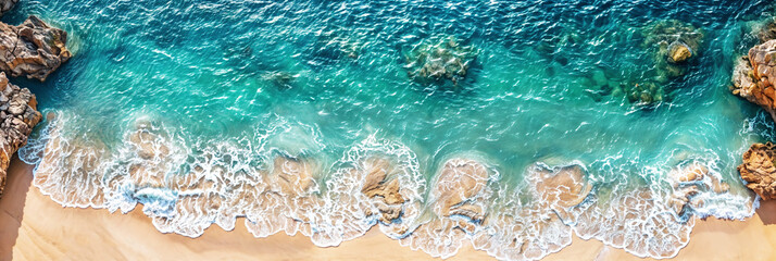 Drone view of a tropical beach with blue sea water