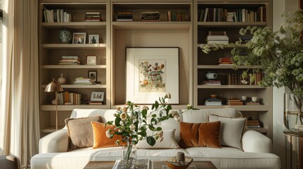 Positioned on built-in shelving unit, Neutral Color Palette, Cozy Interior, Personalization, The frame is displayed on a built-in shelving unit flanked by books, decorative vases, and family photos