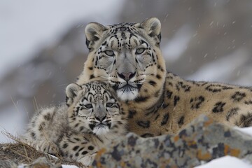 a snow leaopard with her cub in himalaya mountains