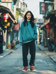 a young asiatic woman wearing casual clothes in the streets of a city