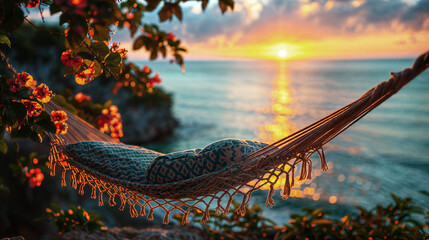 A cozy hammock with view on the sea during sunset