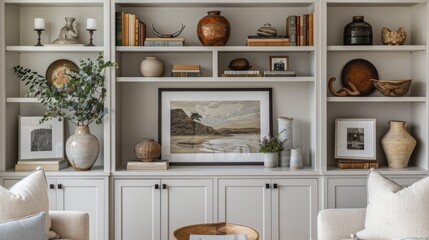 Positioned on built-in shelving unit, Neutral Color Palette, Cozy Interior, Personalization, The frame is displayed on a built-in shelving unit flanked by books, decorative vases, and family photos