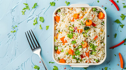 Delicious rice with vegetables in container and fork 