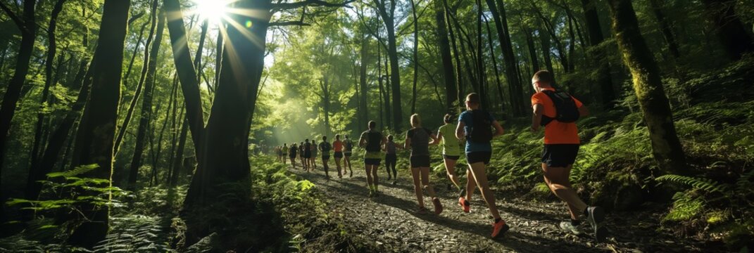 A scenic trail running event through a lush green forest, diverse group of runners in motion