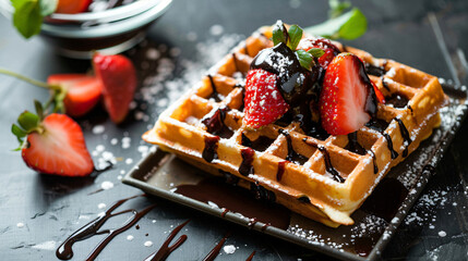 Delicious waffles with strawberries and chocolate saucE