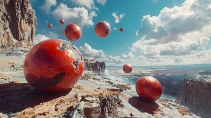 some red balls on a piece of land, in the style of surreal cyberpunk iconography