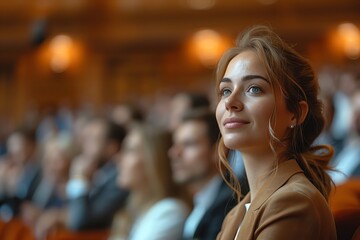Obraz premium An awards ceremony in a luxurious hall, focusing on a woman receiving a prestigious award for business innovation, applause from an elite audience