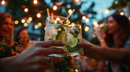 A group of people sitting under strings of hanging lights sipping on clear glasses filled with sparkling alcoholfree mocktails.