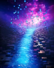 A river of liquid light flows through a canyon of dark crystals, strange glowing cubes float above the river.