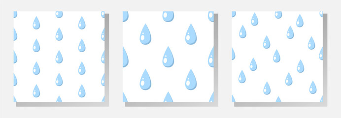 Blue raindrops on white background. Rain vector seamless patterns collection.