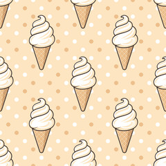 White vanilla ice cream cones on beige dotted background. Vector seamless pattern.