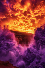 Naklejka premium A powerful and intense collision of deep purple and bright orange waves, creating a stunning visual explosion reminiscent of a desert sunset.